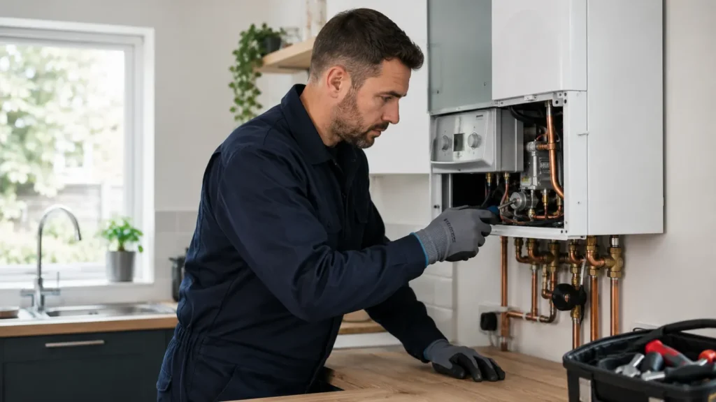 Gas Safe engineer carrying out LPG boiler repair in Morden